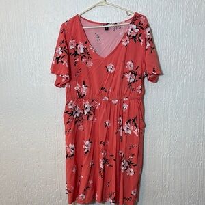 Torrid Coral Floral Midi V-Neck Flutter Sleeve Dress Women Size 0 (12-14)